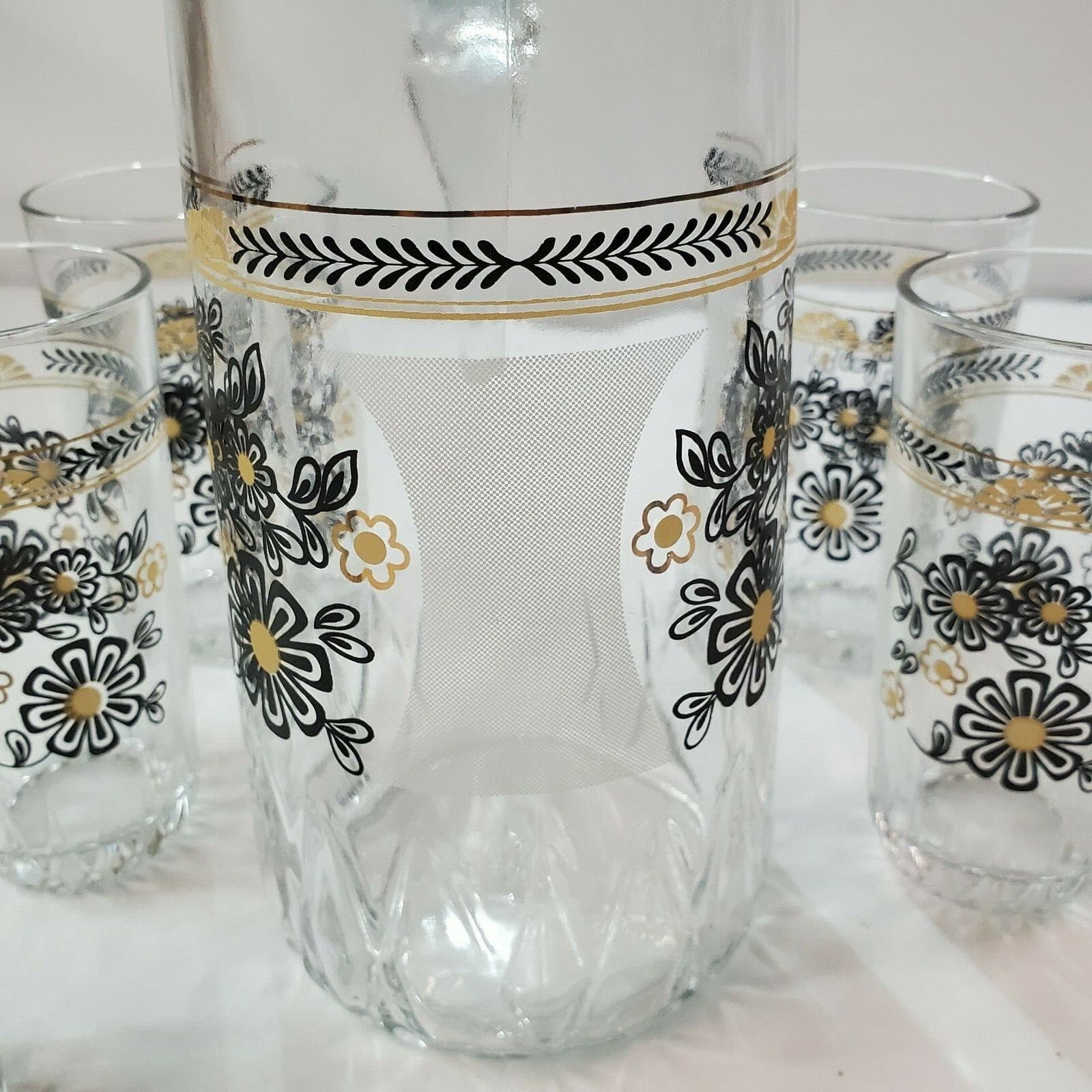 Vintage Cerve Glass Juice Pitcher & 6 Glasses Black & Gold Flowers Made in Italy - Thumbnail 10
