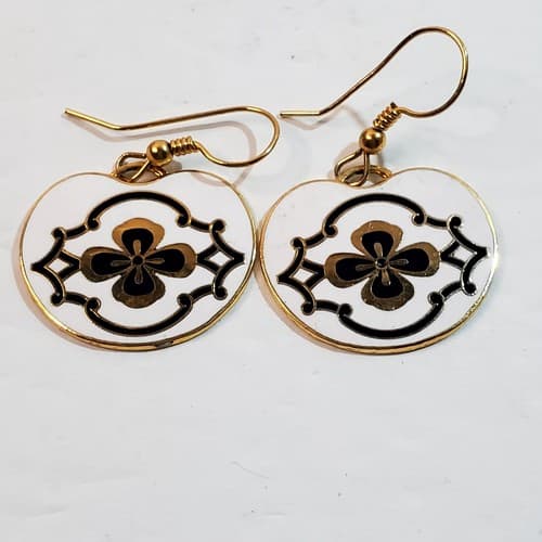 Vtg MEOW Signed Gold Tone White Black Enamel Art Noveau Dangle Hook Earrings - Thumbnail 2