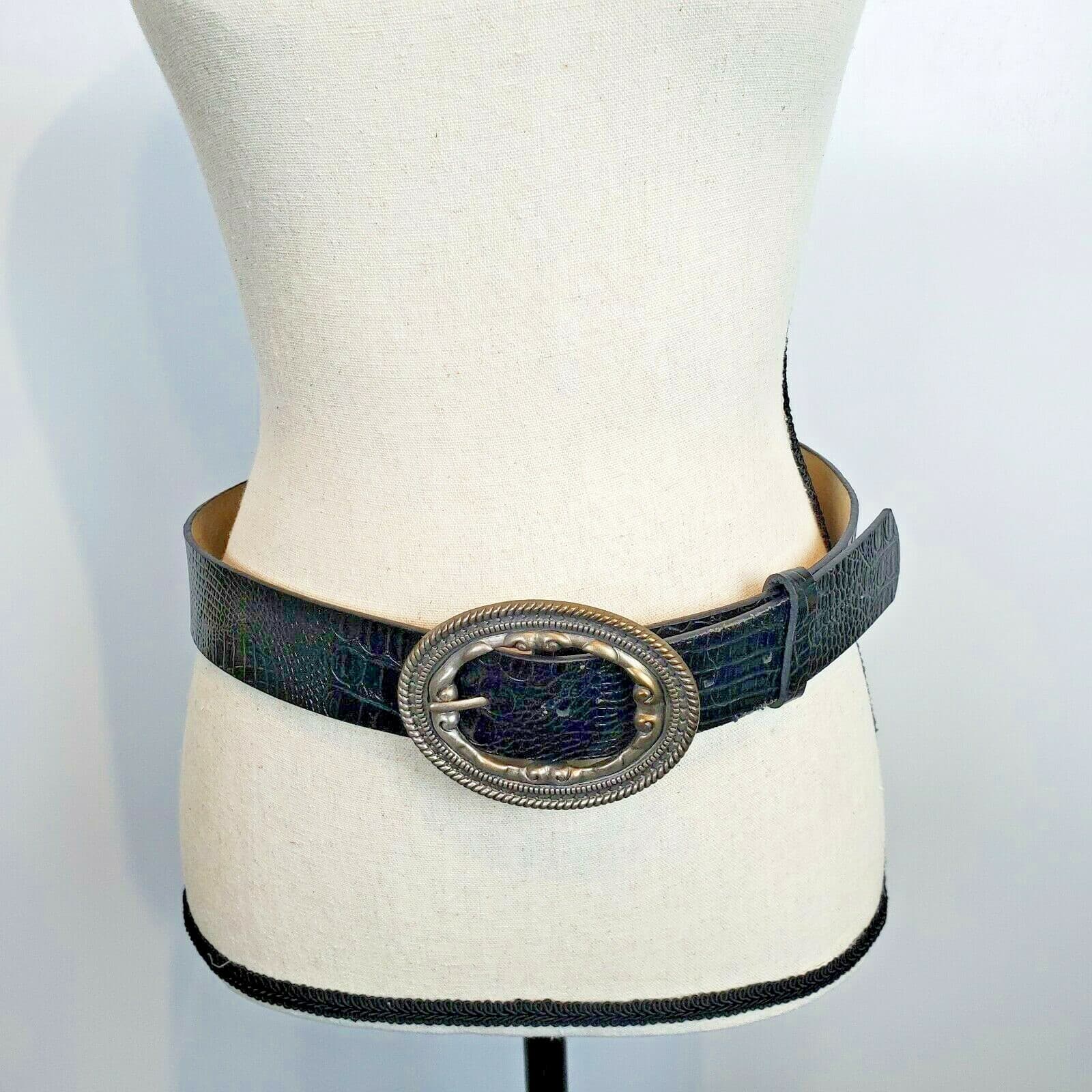 Genuine Italian Leather Black Belt Textured Metal Frame Style Silvertone Buckle