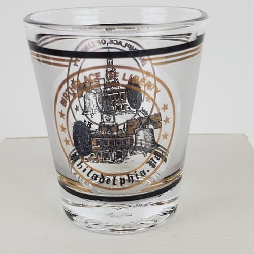Vintage Philadelphia Birthplace of Liberty Souvenir Shot Glass Black Gold Bell - Thumbnail 2