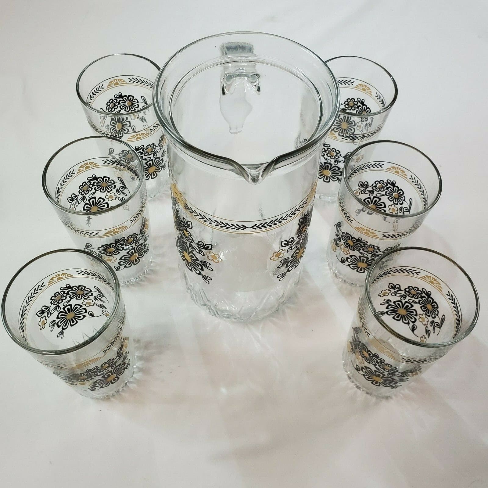 Vintage Cerve Glass Juice Pitcher & 6 Glasses Black & Gold Flowers Made in Italy - Thumbnail 7