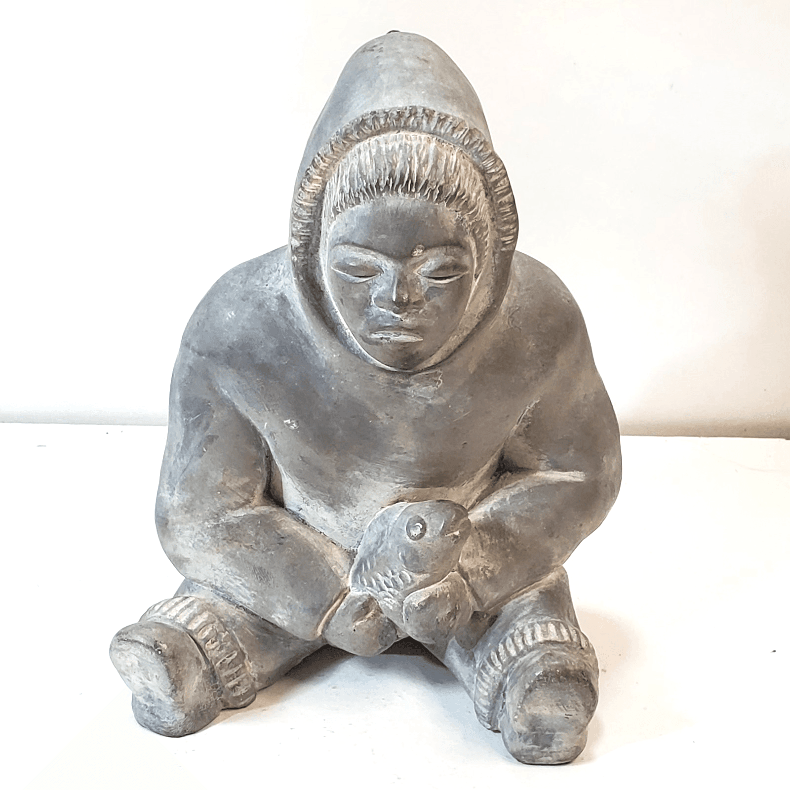 Vtg Abbott Canada Gray Inuit Hunter w/ Fish Figure Arctic Native Art Sculpture