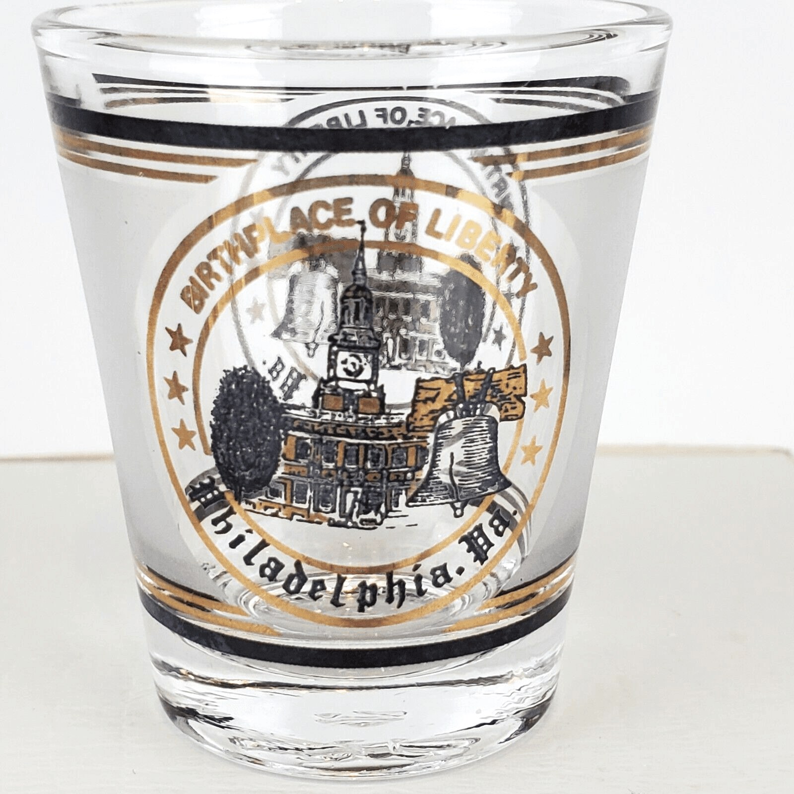 Vintage Philadelphia Birthplace of Liberty Souvenir Shot Glass Black Gold Bell