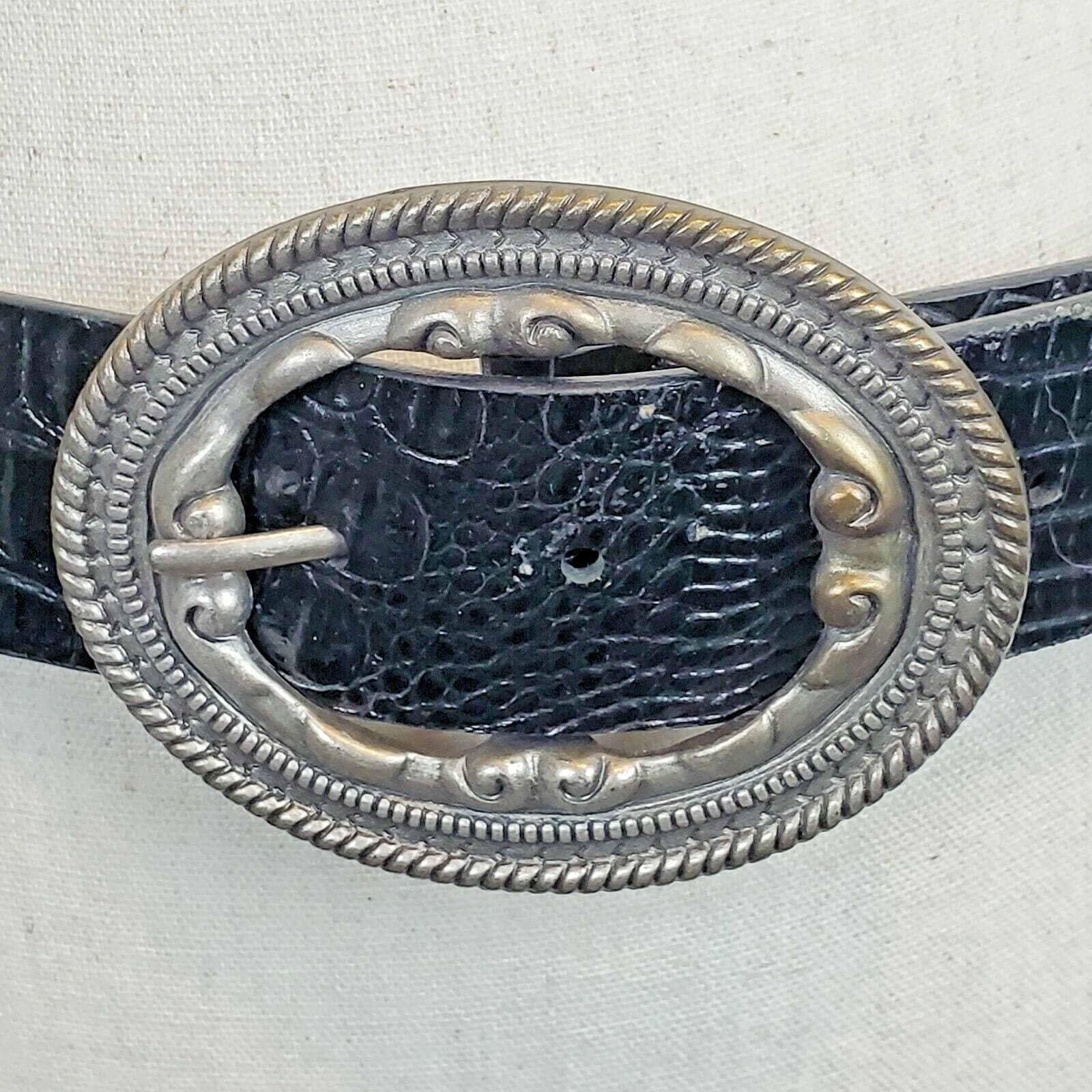 Genuine Italian Leather Black Belt Textured Metal Frame Style Silvertone Buckle - Thumbnail 2