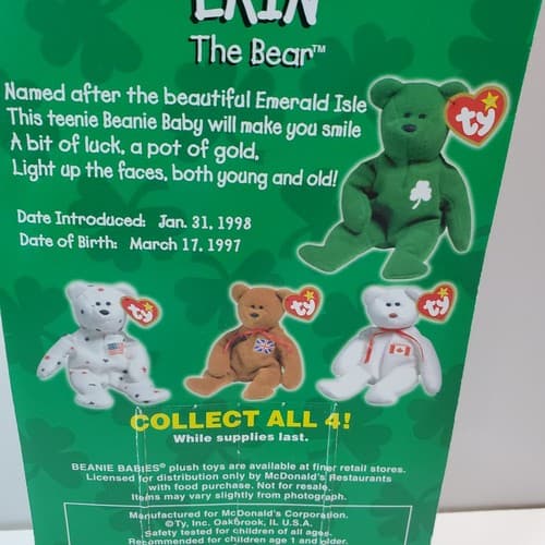 McDonalds TY Erin the bear teanie beanie baby With 2 Tag Errors 1993 OAKBROOK - Thumbnail 3