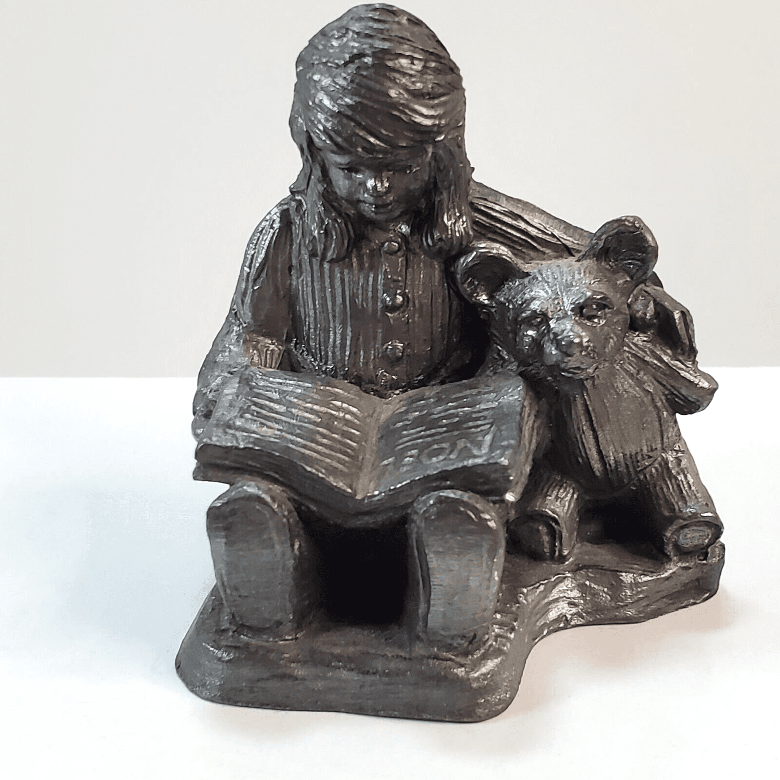 Vtg 1991 Michael Ricker Bartlett Signed Pewter Figurine Girl Reading Book Bear