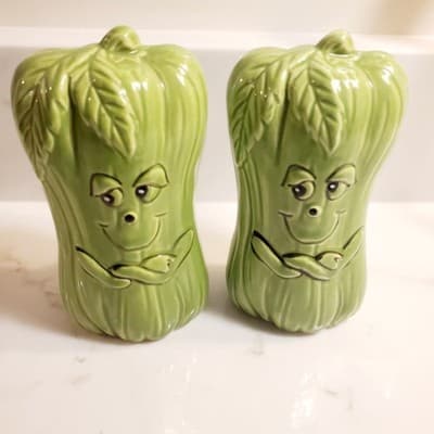 Vintage Anthropomorphic Celery Stalks Salt & Pepper Shakers Large Japan