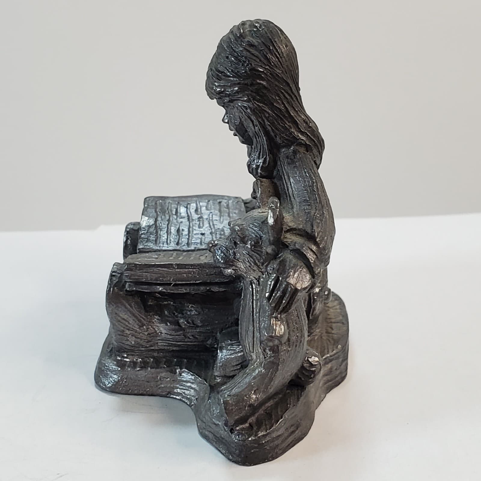 Vtg 1991 Michael Ricker Bartlett Signed Pewter Figurine Girl Reading Book Bear - Thumbnail 2