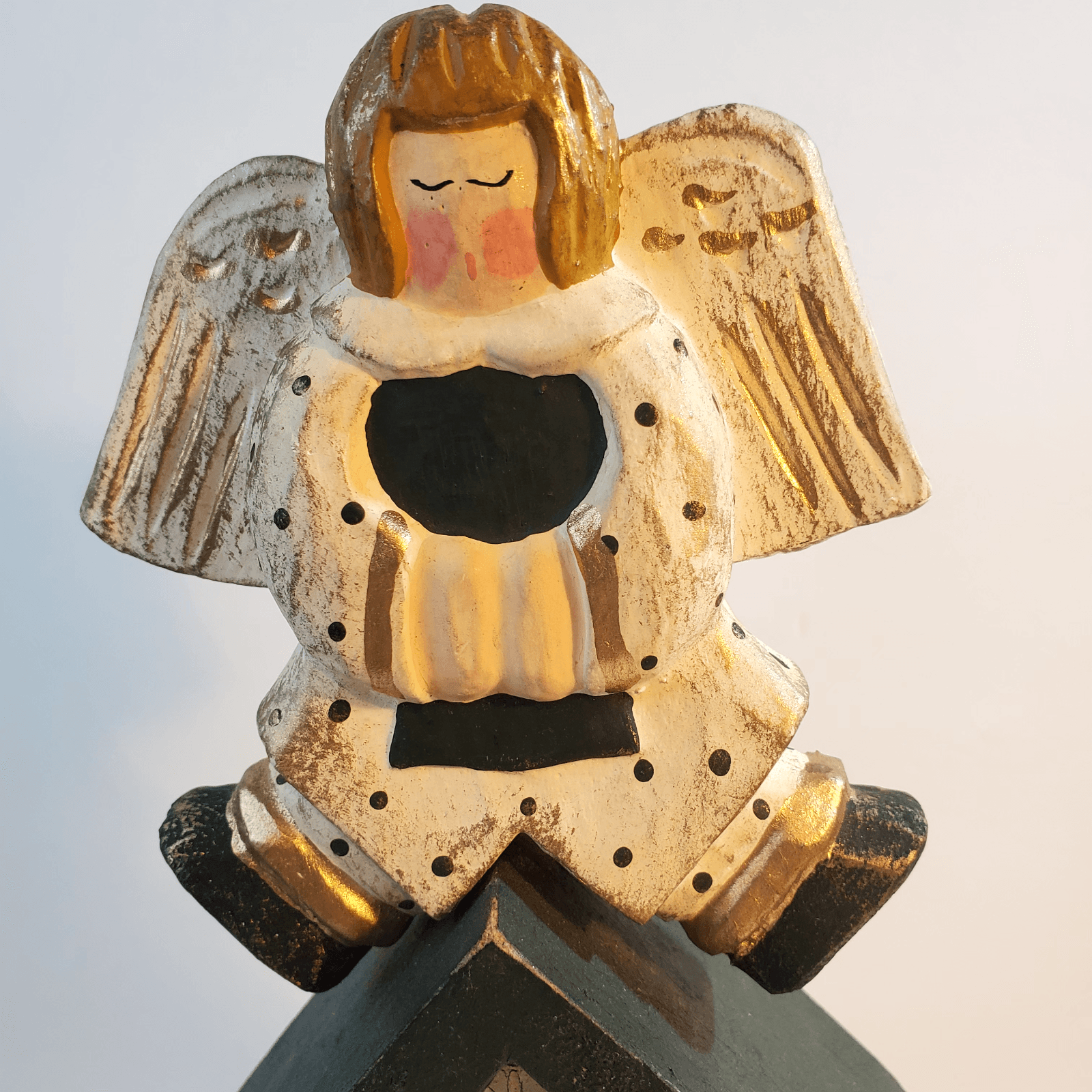 James Haddon Signed Hand Carved Hand Painted Folk Art Angel Birdhouse on Stand - Thumbnail 2