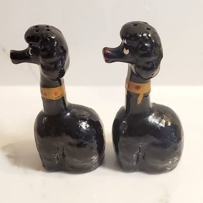Vintage Black Redware Long Neck French Poodles Dogs Salt & Pepper Shakers Japan - Thumbnail 6