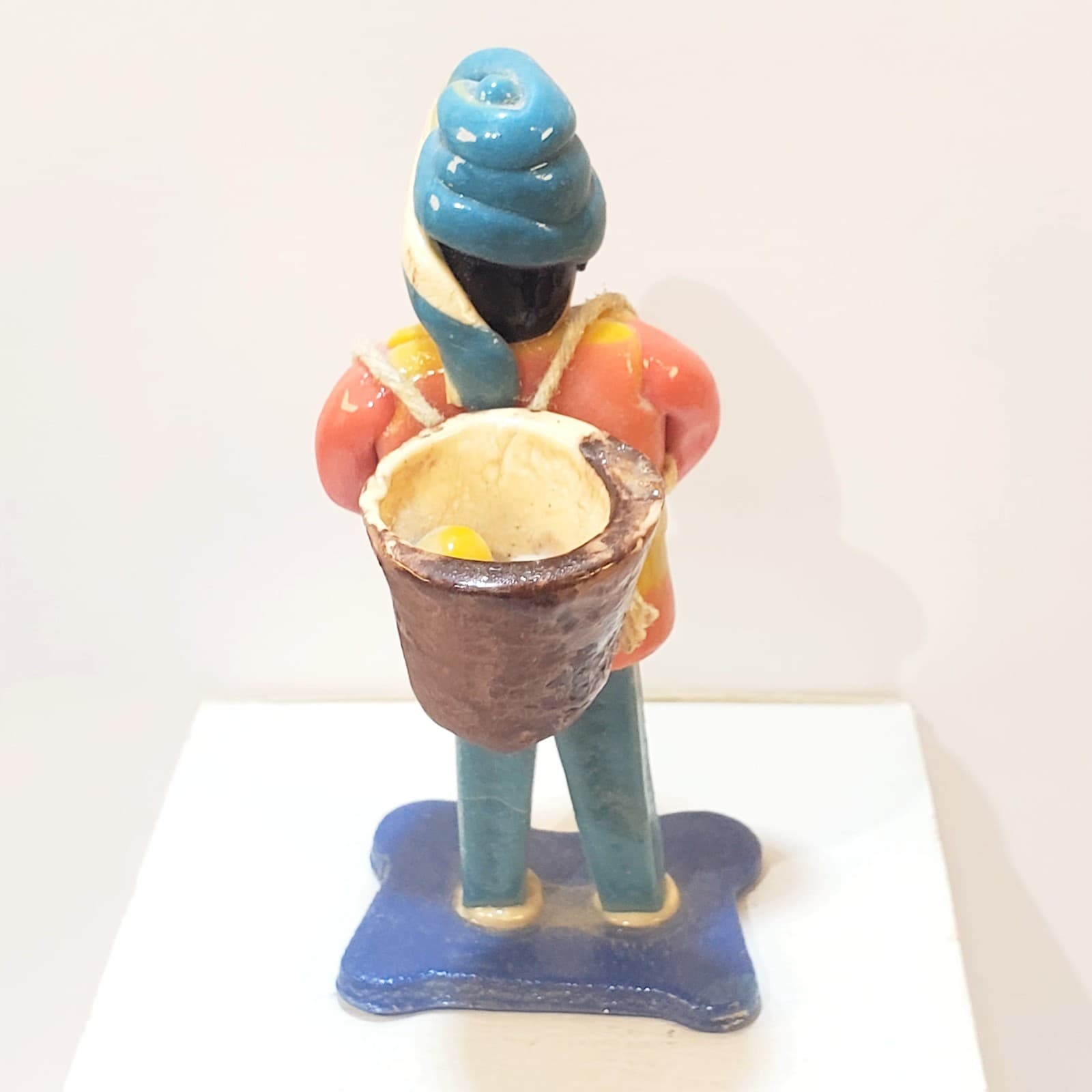 Vintage Motif Turkey Hand Painted Clay Villager Carrying Basket Of Food Figurine - Thumbnail 4