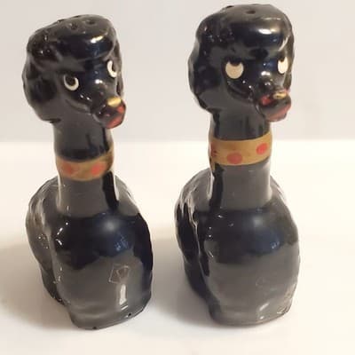 Vintage Black Redware Long Neck French Poodles Dogs Salt & Pepper Shakers Japan