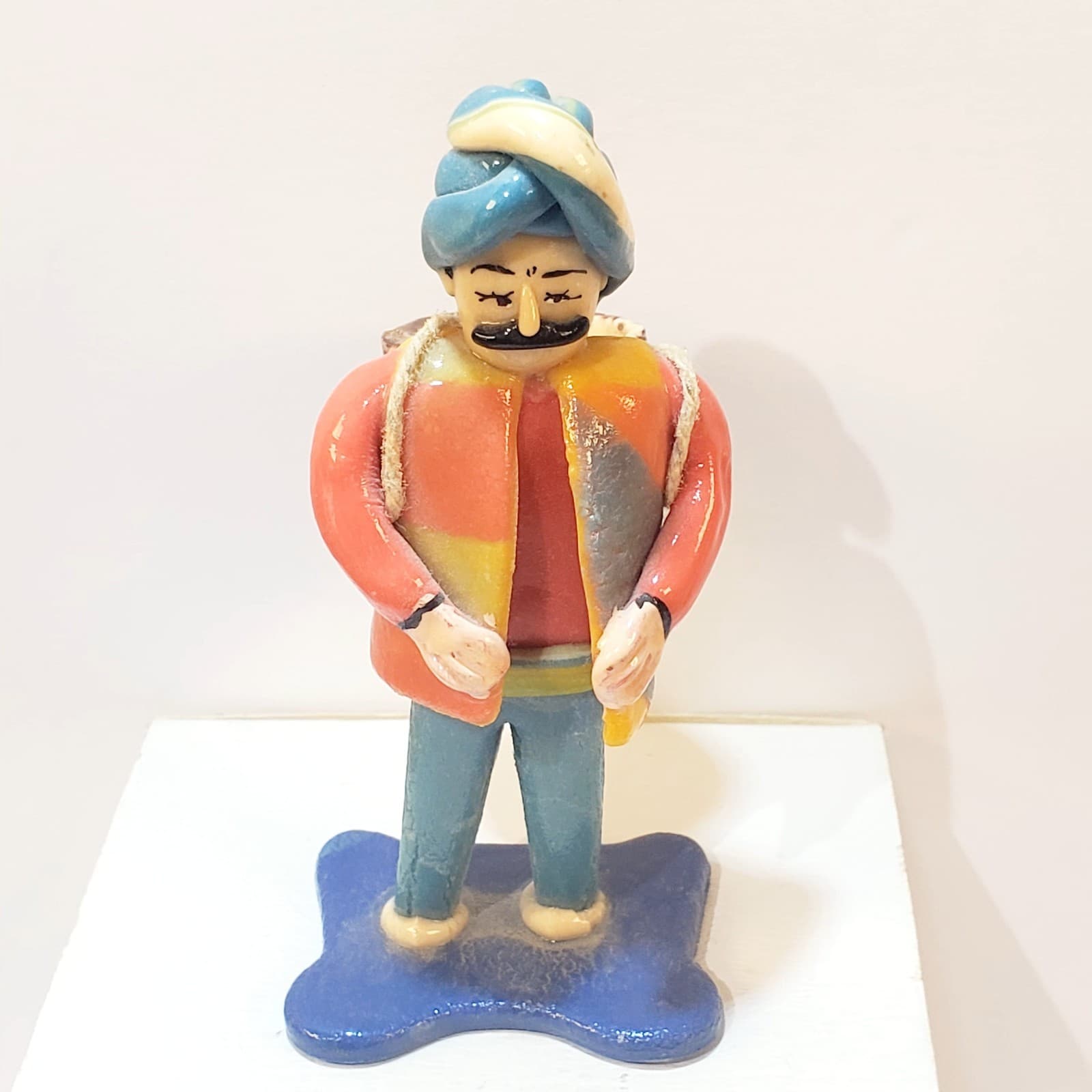 Vintage Motif Turkey Hand Painted Clay Villager Carrying Basket Of Food Figurine