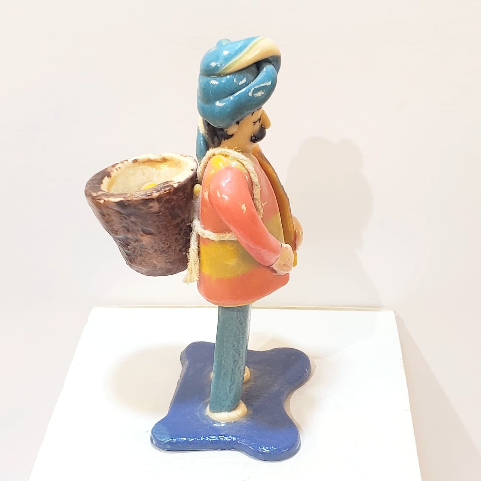 Vintage Motif Turkey Hand Painted Clay Villager Carrying Basket Of Food Figurine - Thumbnail 6