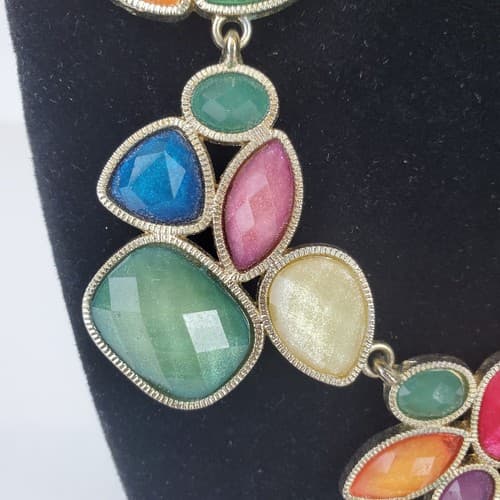 Gold Tone & Multi-color Faceted Acrylic Chunky Necklace Costume Jewelry - Thumbnail 2