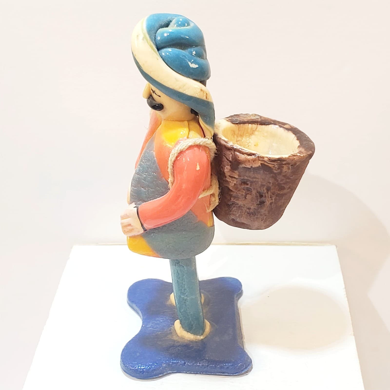 Vintage Motif Turkey Hand Painted Clay Villager Carrying Basket Of Food Figurine - Thumbnail 3