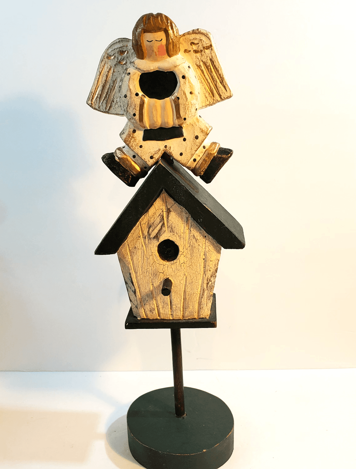 James Haddon Signed Hand Carved Hand Painted Folk Art Angel Birdhouse on Stand