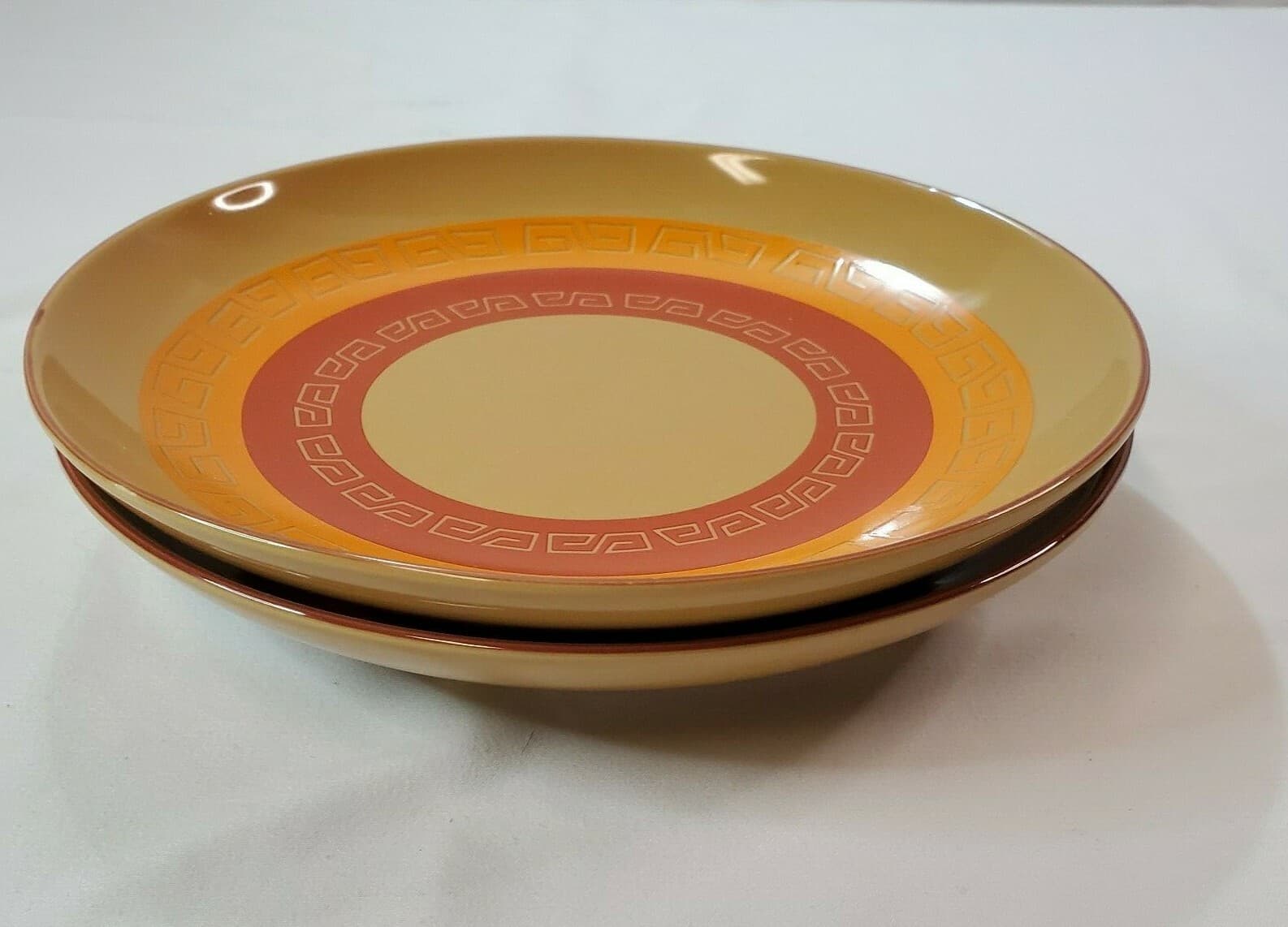 Vintage LePro Ceramics 2 Salad Plates Aztec Grecian Geometric Tan Orange Yellow - Thumbnail 7
