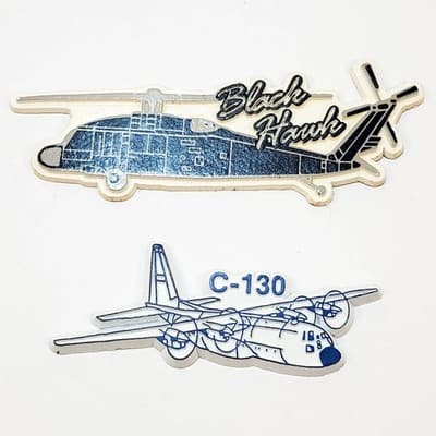 Vintage Lot of 2 Aircraft Fridge Magnets Black Hawk Helicopter & C-130 Airplane