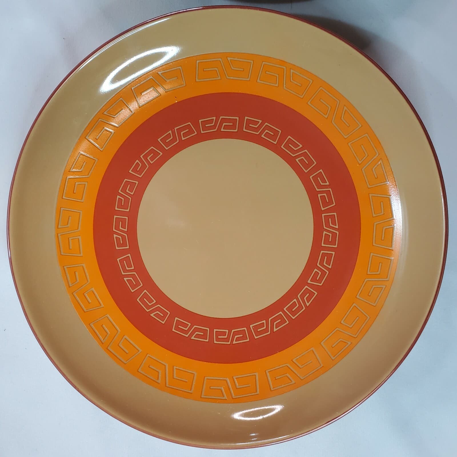 Vintage LePro Ceramics 2 Salad Plates Aztec Grecian Geometric Tan Orange Yellow - Thumbnail 2