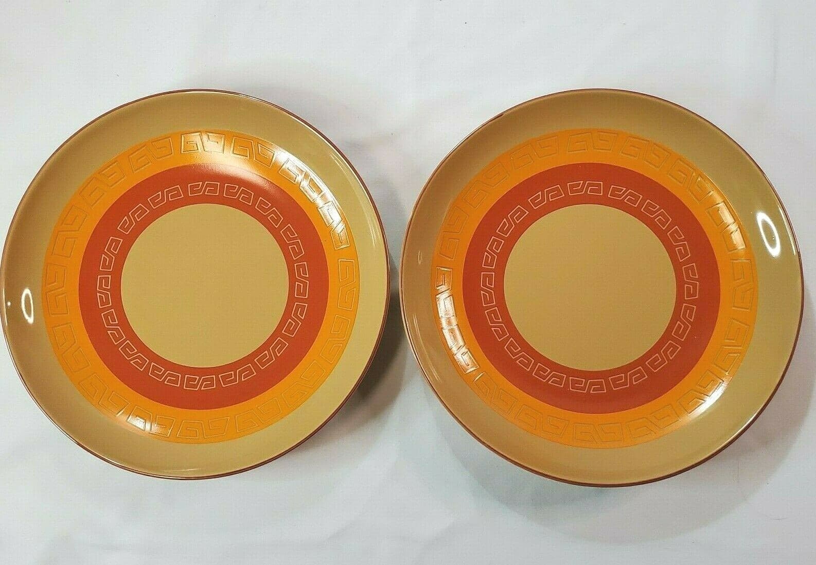 Vintage LePro Ceramics 2 Salad Plates Aztec Grecian Geometric Tan Orange Yellow
