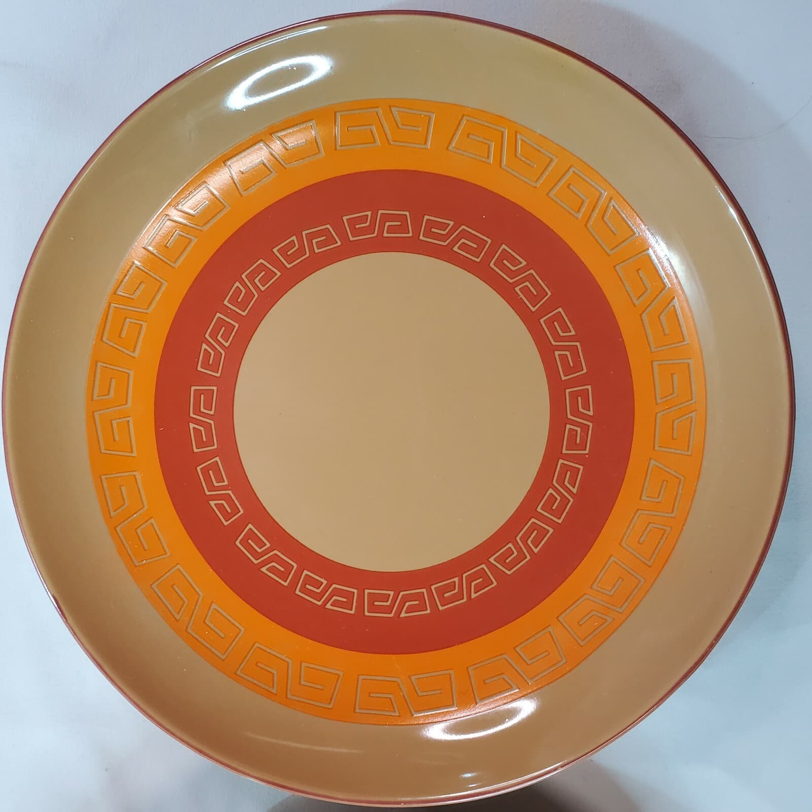 Vintage LePro Ceramics 2 Salad Plates Aztec Grecian Geometric Tan Orange Yellow - Thumbnail 3