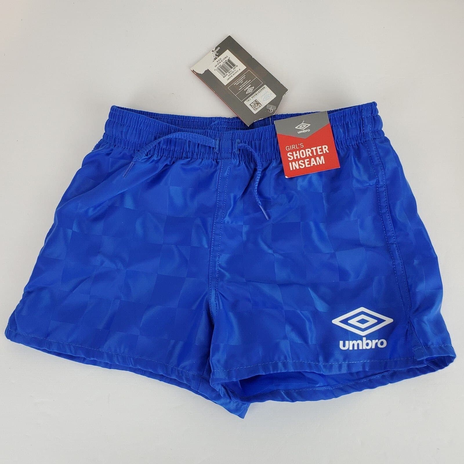 Umbro Youth NWT Shiny Blue Check Soccer Shorts Girls Shorter Inseam Sz XX Small
