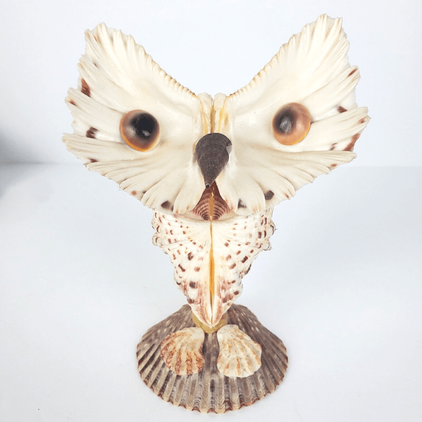 Vintage Sea Shell Owl Art Sculpture Handmade Folk Art Big Eyes