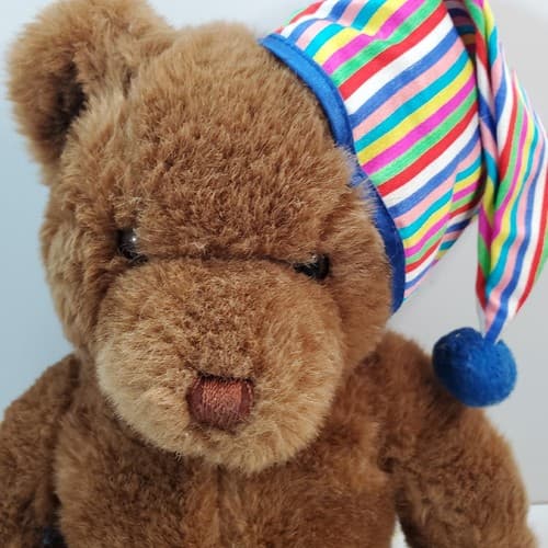 Vintage 15" Korea Brown Plush Stuffed Animal Bear with Striped Hat Sesilco - Thumbnail 2