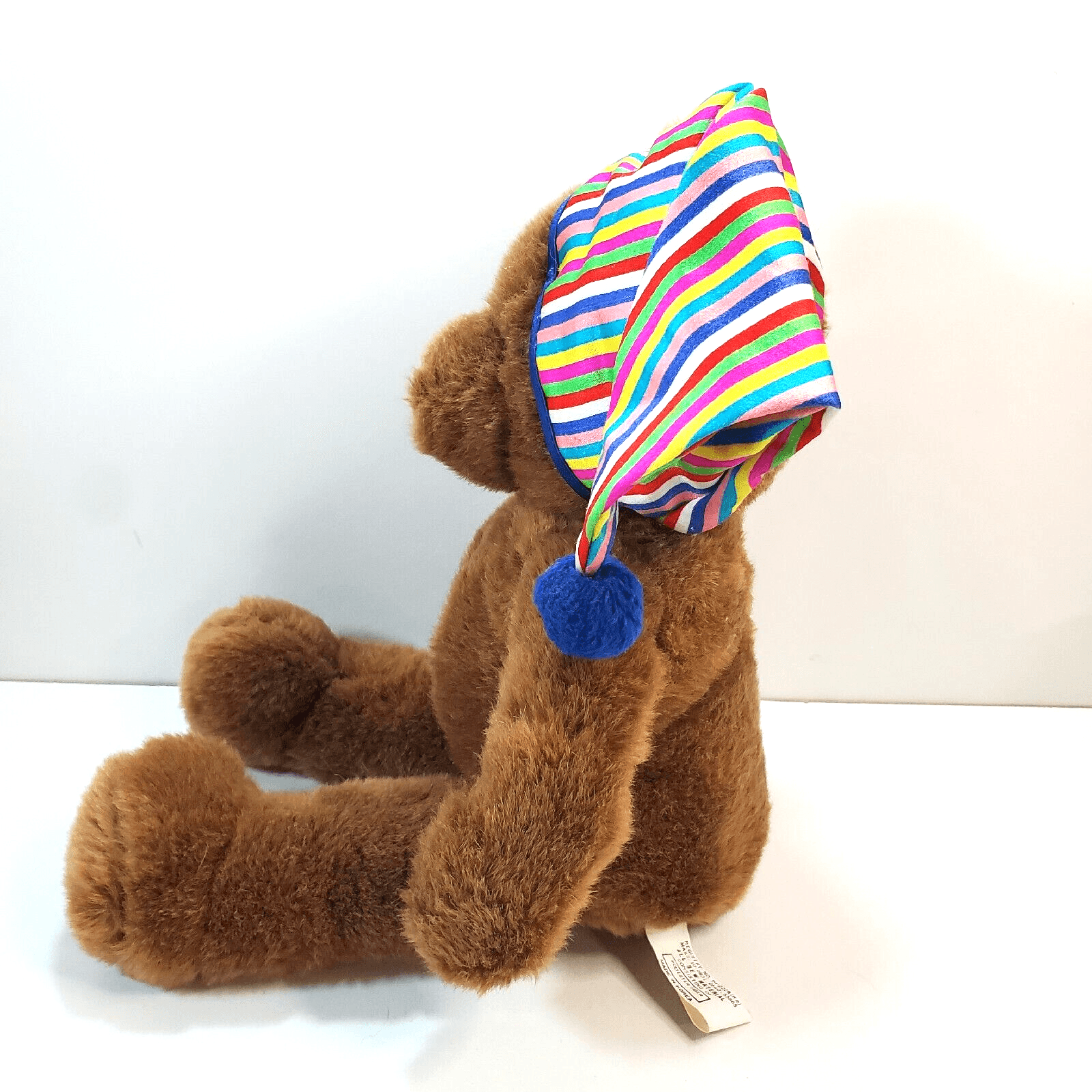 Vintage 15" Korea Brown Plush Stuffed Animal Bear with Striped Hat Sesilco - Thumbnail 5