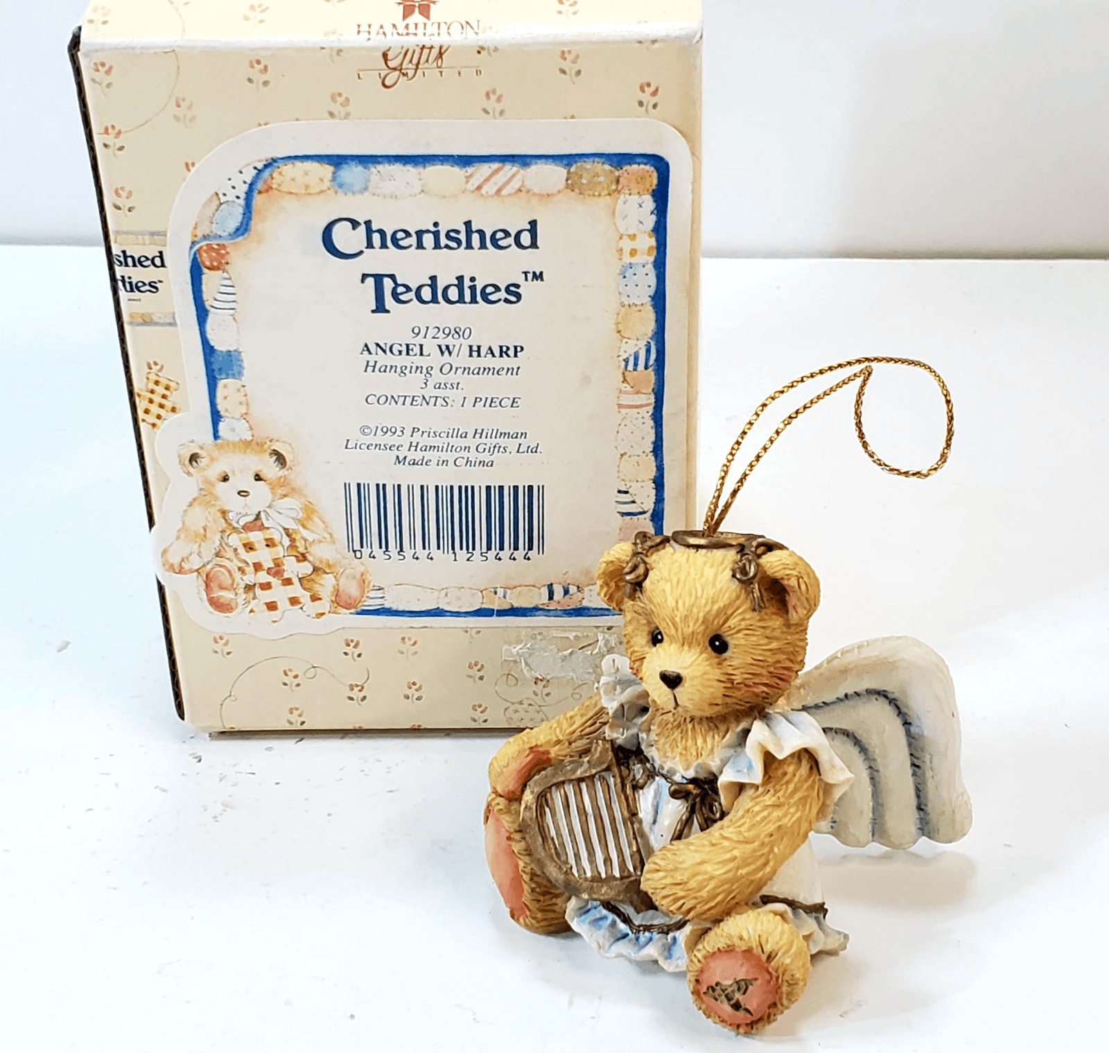 Vintage Cherished Teddies Sitting Angel Bear with Harp Ornament Figure 1993