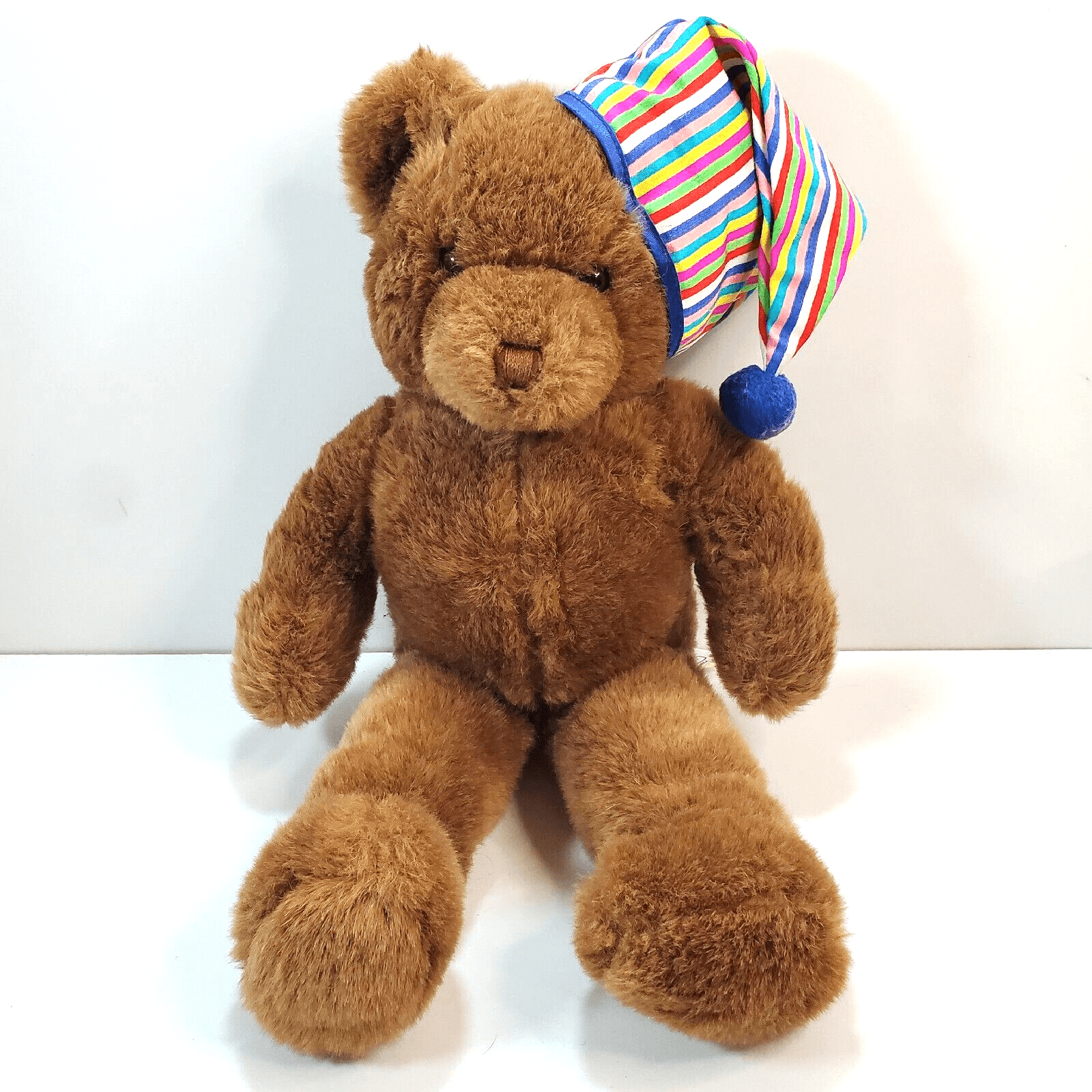 Vintage 15" Korea Brown Plush Stuffed Animal Bear with Striped Hat Sesilco