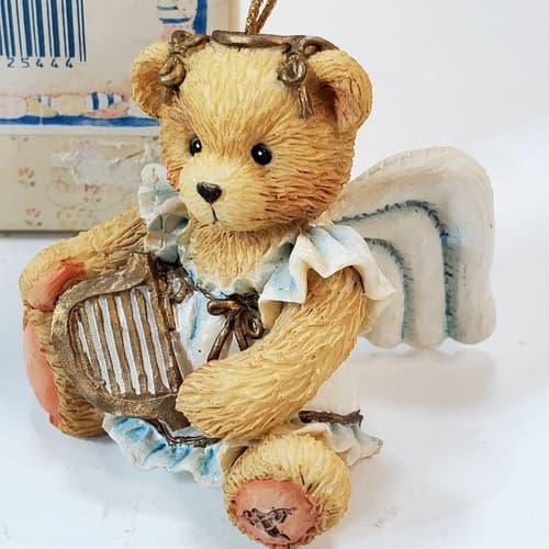 Vintage Cherished Teddies Sitting Angel Bear with Harp Ornament Figure 1993 - Thumbnail 2