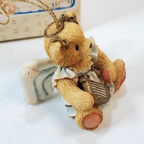 Vintage Cherished Teddies Sitting Angel Bear with Harp Ornament Figure 1993 - Thumbnail 3