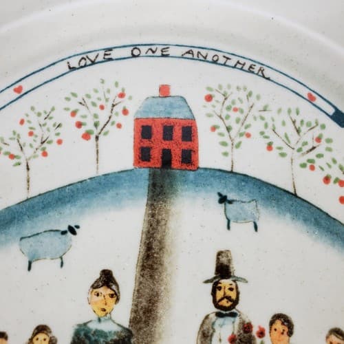 Vtg Otagiri Japan Folk Art Plate Love One Another Family Angels Stoneware 8.25" - Thumbnail 3