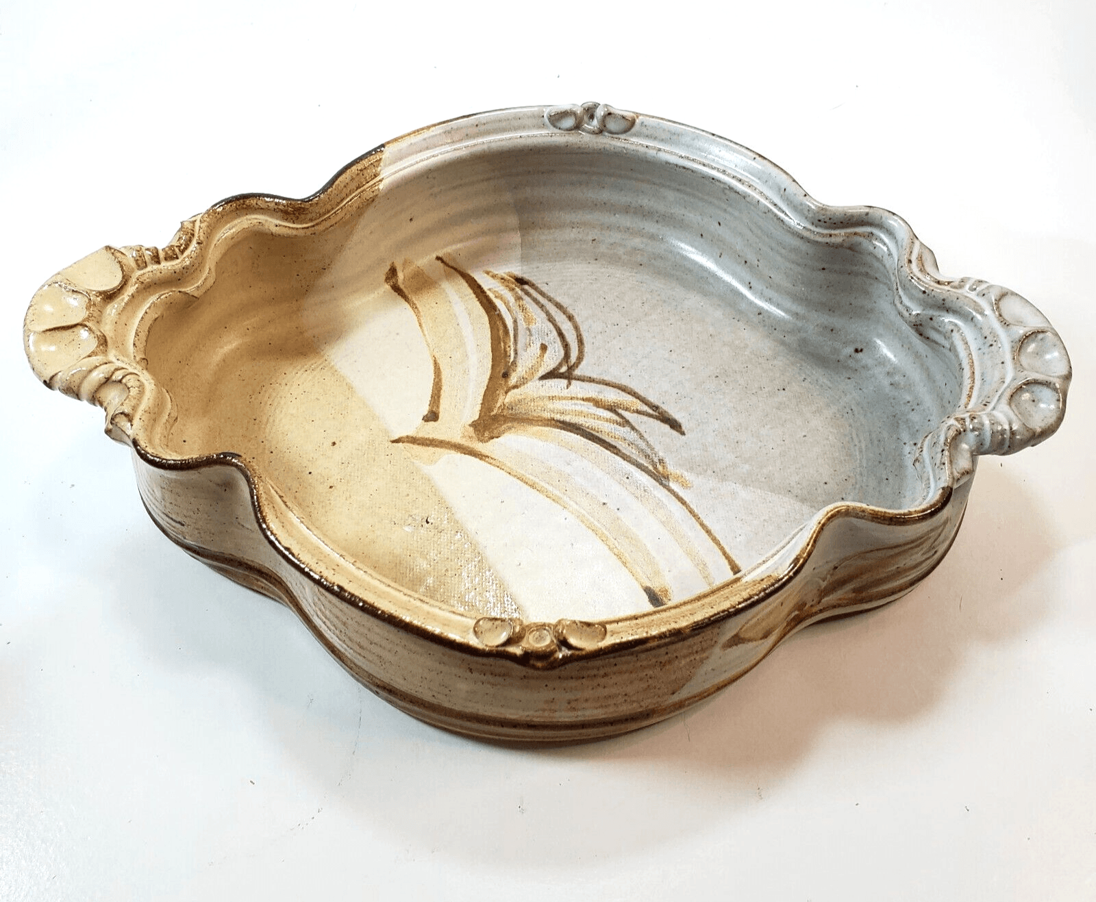 Lori Sargent Art Pottery Abstract Tray Bowl Signed Beige Brown Gray 12 x 8.5 in