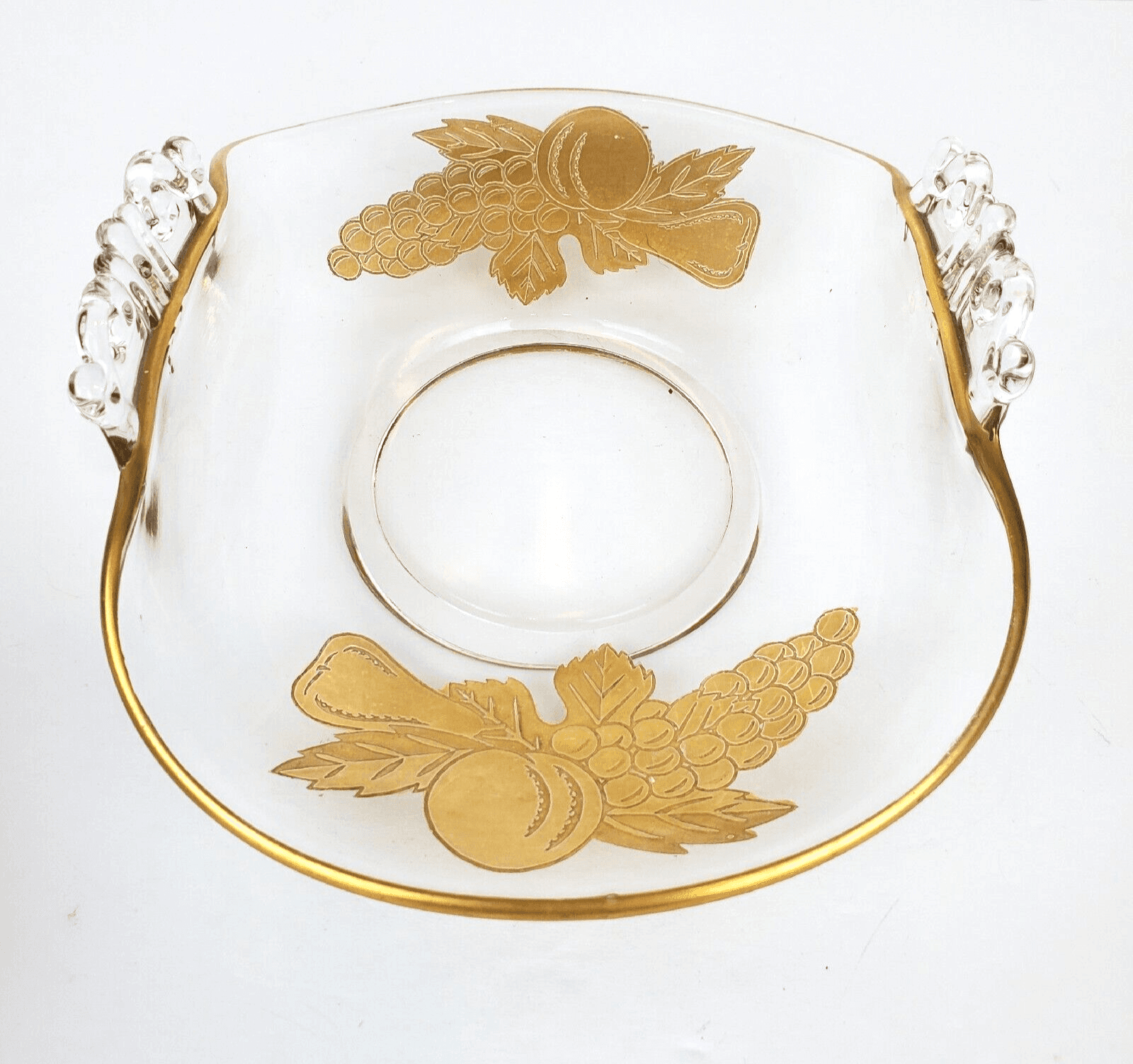 Vintage Clear Folded Glass w/ Gold Inlay Pinecone Design Handled Dish Bowl Tray - Thumbnail 2