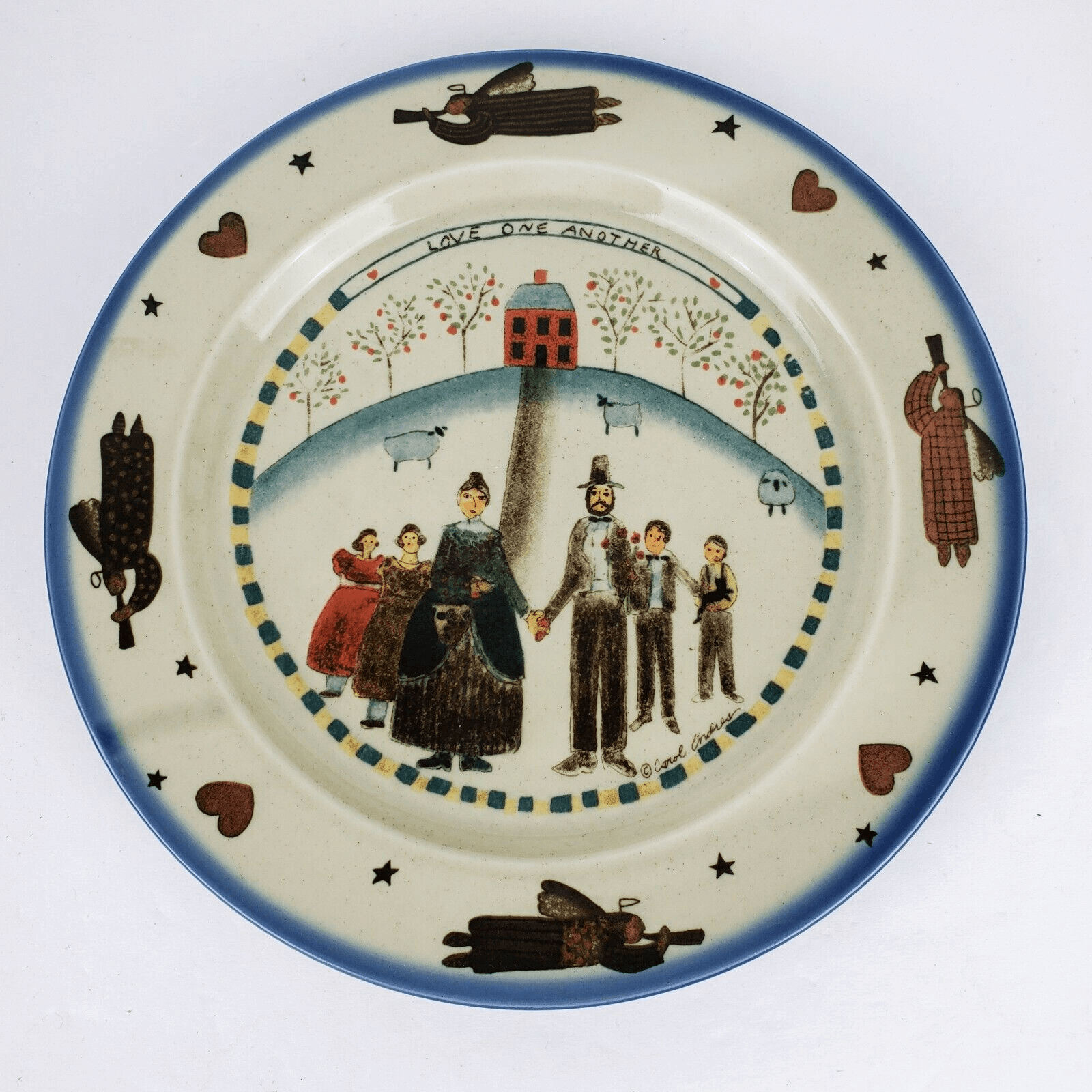Vtg Otagiri Japan Folk Art Plate Love One Another Family Angels Stoneware 8.25"
