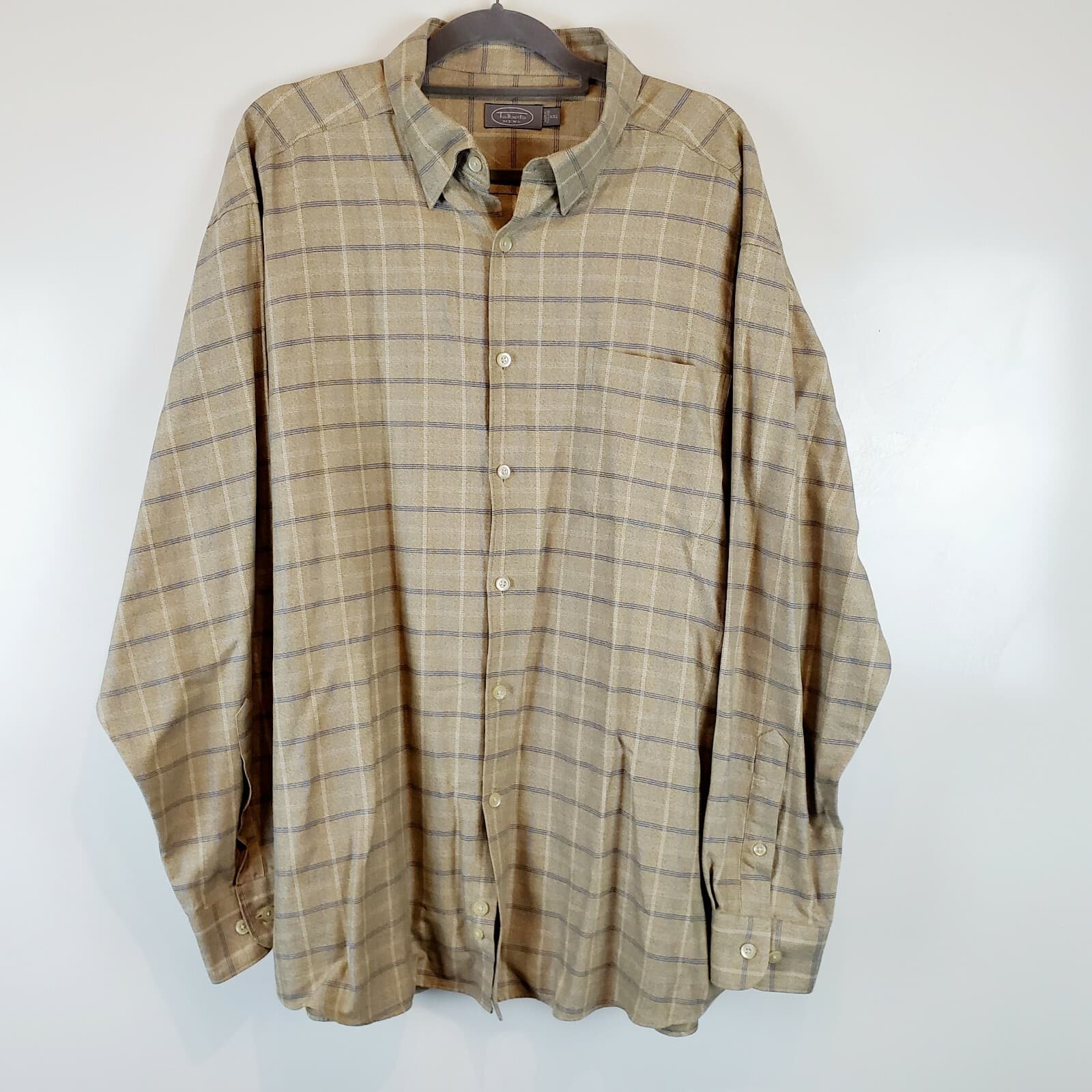 TALBOTS Men's Size XXL Tan Plaid Button Down Shirt Pocket Casual 100% Cotton 2XL