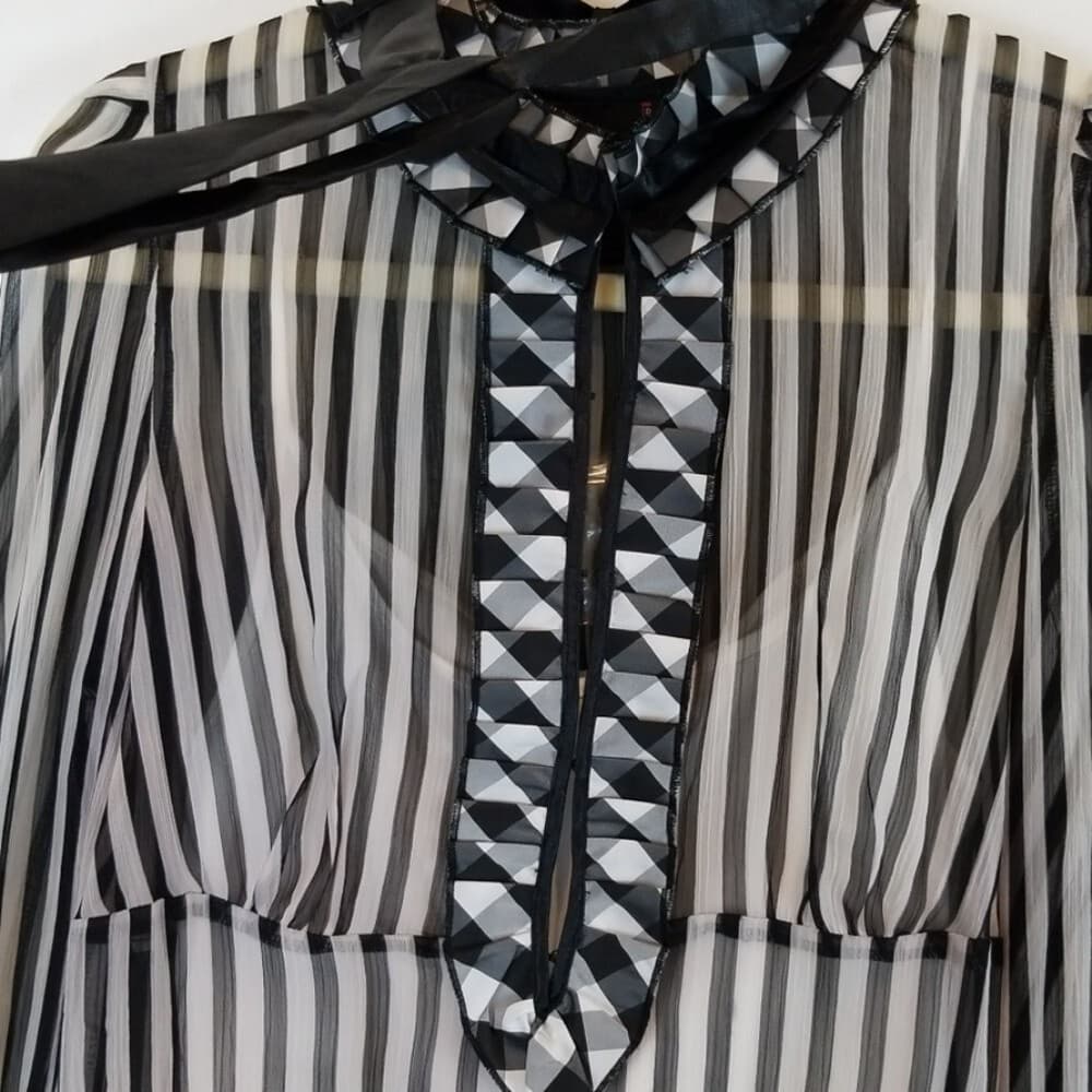 Debbie Shuchat Sheer Striped Ruffle Tie Blouse w/ Under White Camisole - Thumbnail 3