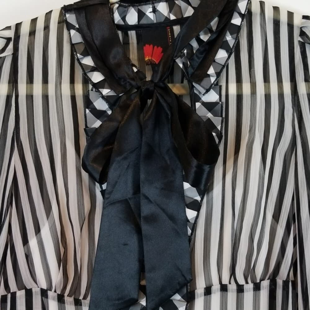 Debbie Shuchat Sheer Striped Ruffle Tie Blouse w/ Under White Camisole - Thumbnail 6