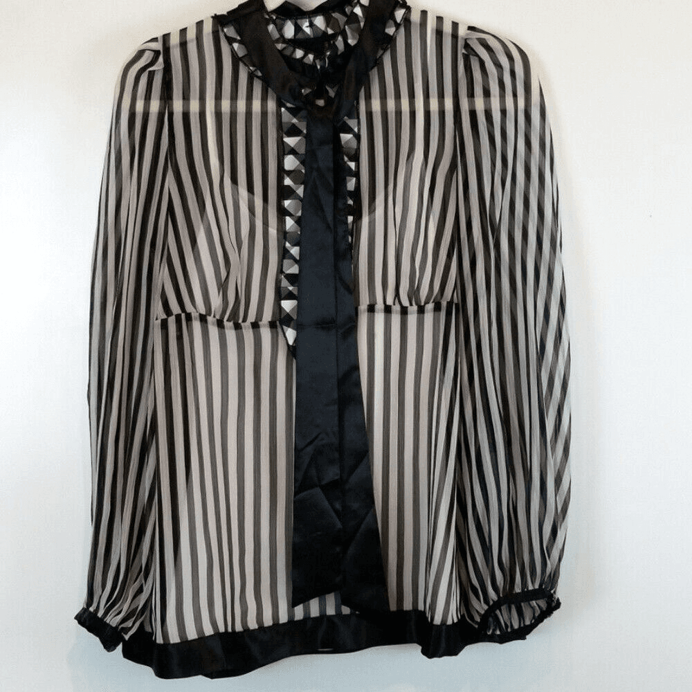 Debbie Shuchat Sheer Striped Ruffle Tie Blouse w/ Under White Camisole