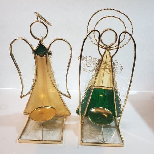 Lot of 2 Stained Glass Angels Playing Instruments Votive Tealight Candle Holders - Thumbnail 9