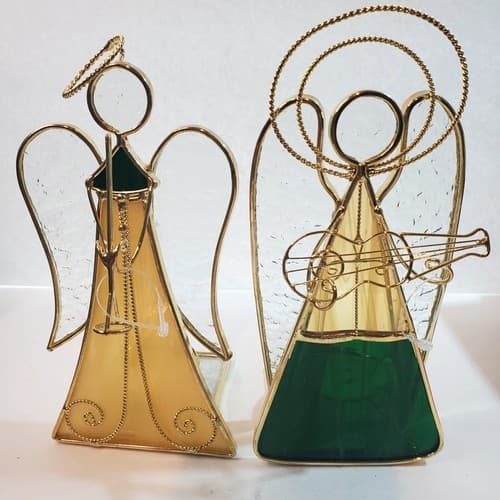 Lot of 2 Stained Glass Angels Playing Instruments Votive Tealight Candle Holders - Thumbnail 7