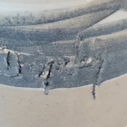 Artist Signed Studio Art Pottery Blue Tan White Flower Vase Holder Jar Striped - Thumbnail 5