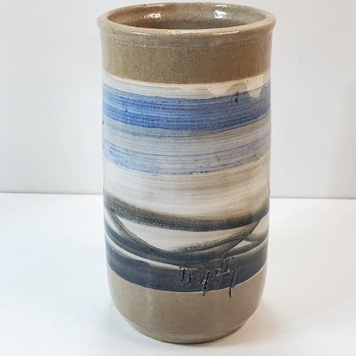 Artist Signed Studio Art Pottery Blue Tan White Flower Vase Holder Jar Striped - Thumbnail 3