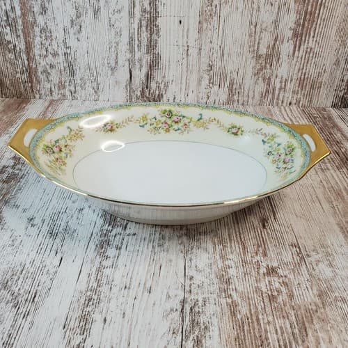 Vintage Meito China Hand Painted Gold Handled Oval Vegetable Serving Bowl Floral