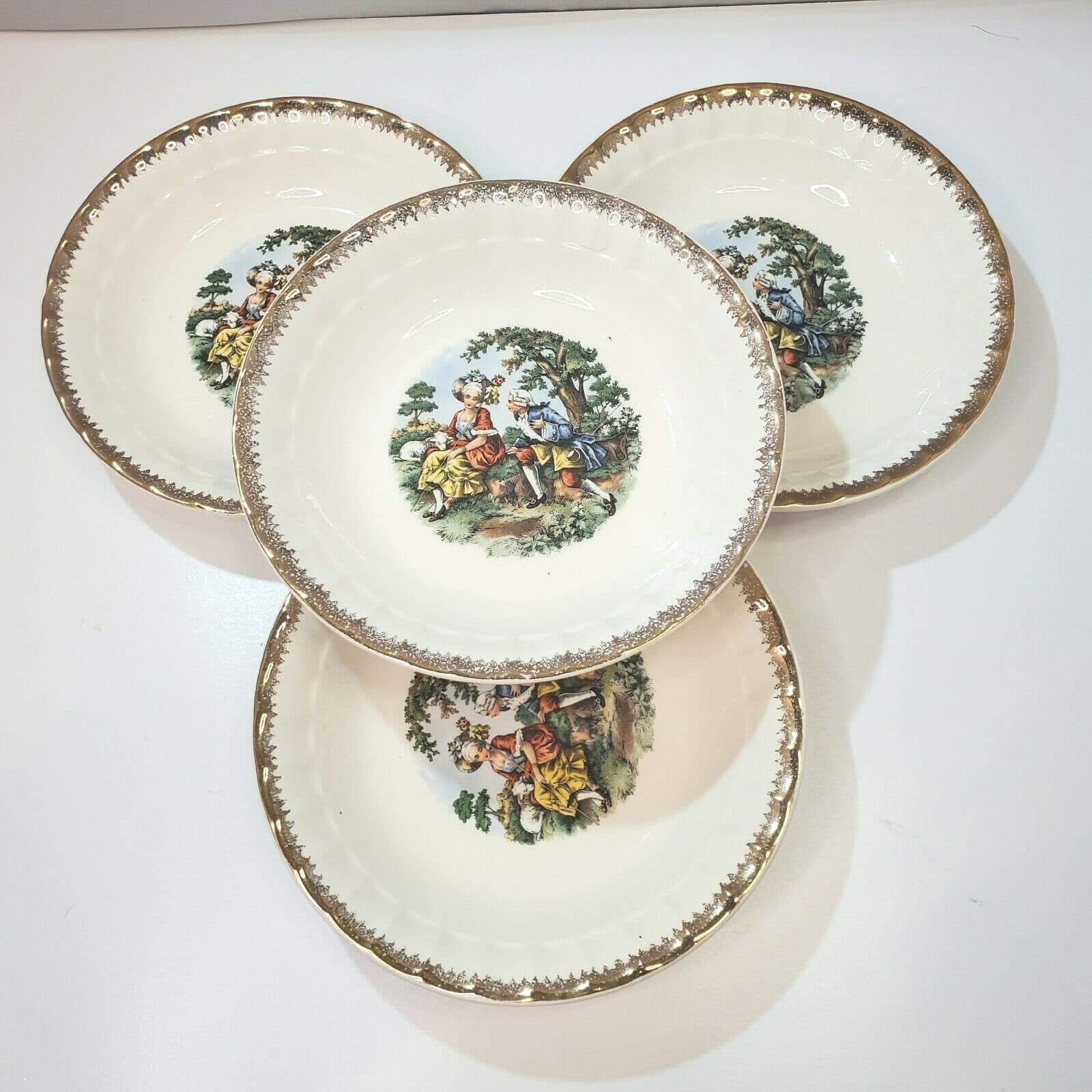 Vtg Cronin China Company Victorian Colonial Couple People 7.5" Soup Bowls Set 4