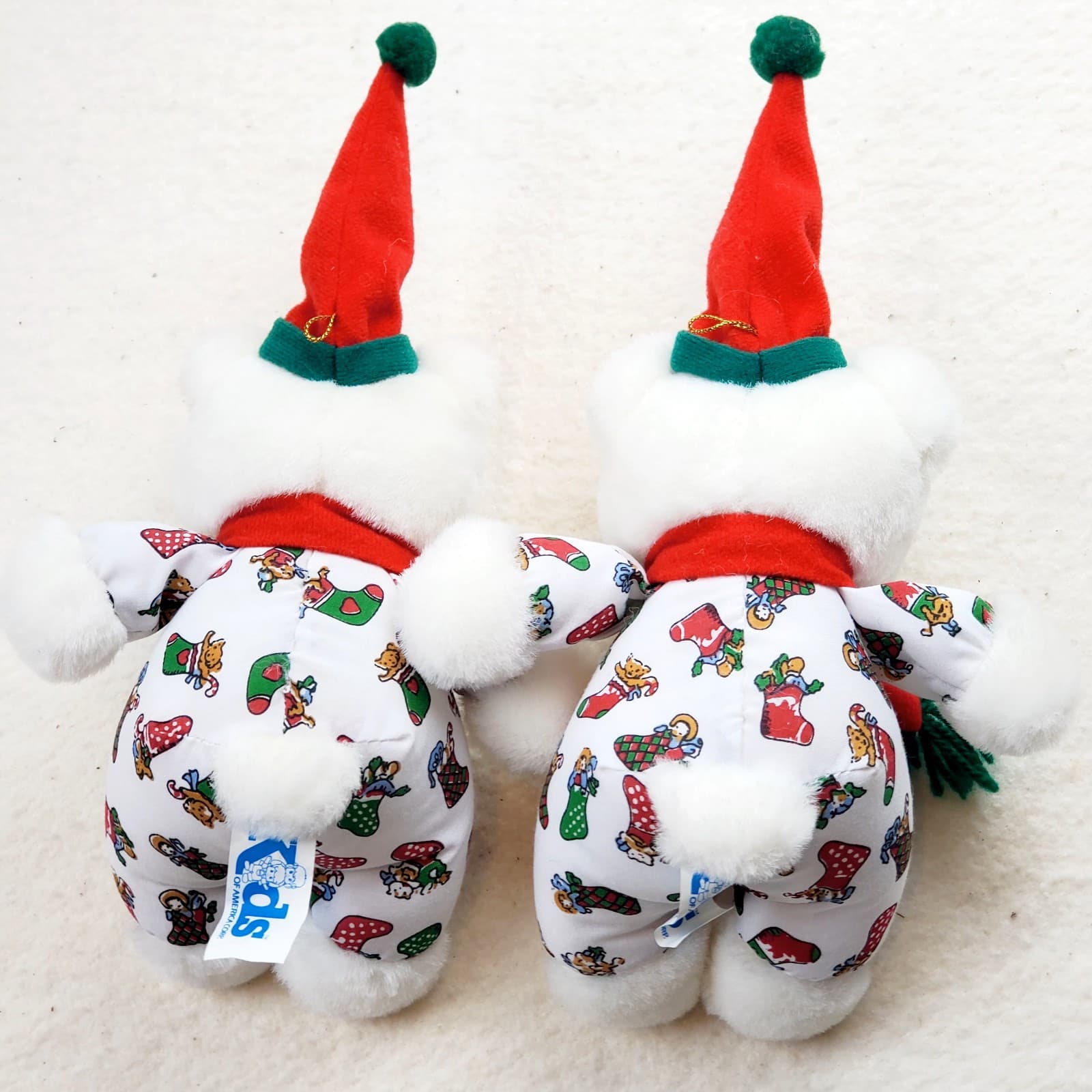 Lot of 2 Vtg Christmas Teddy Bears KIDS of AMERICA Plush White Stuffed Toy Hat - Thumbnail 6