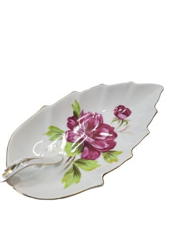 Vtg Rossetti Chicago Hand Painted Flowers Floral Leaf Handled Nappy Trinket Dish